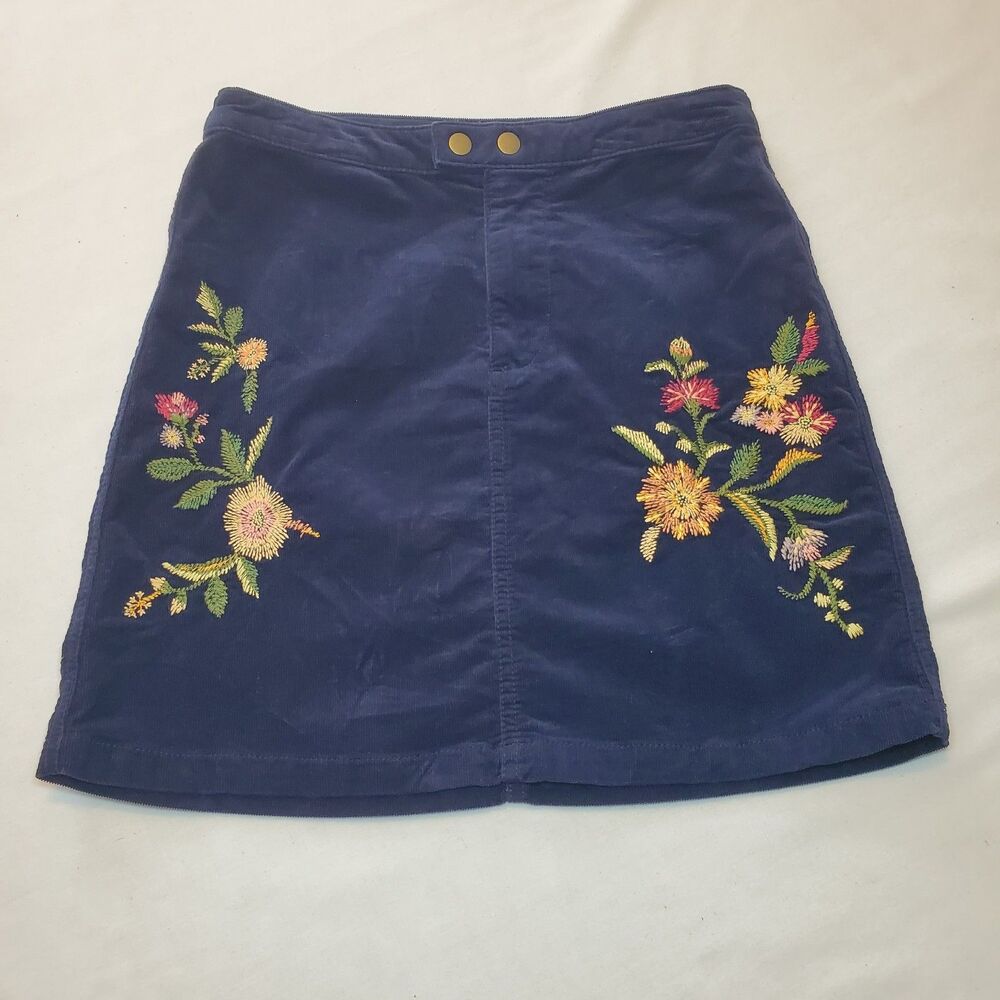 Vtg Mossimo Y2K Blue Corduroy Embroidered Mini skirt Sz 4 Bohemian Hippie Fall